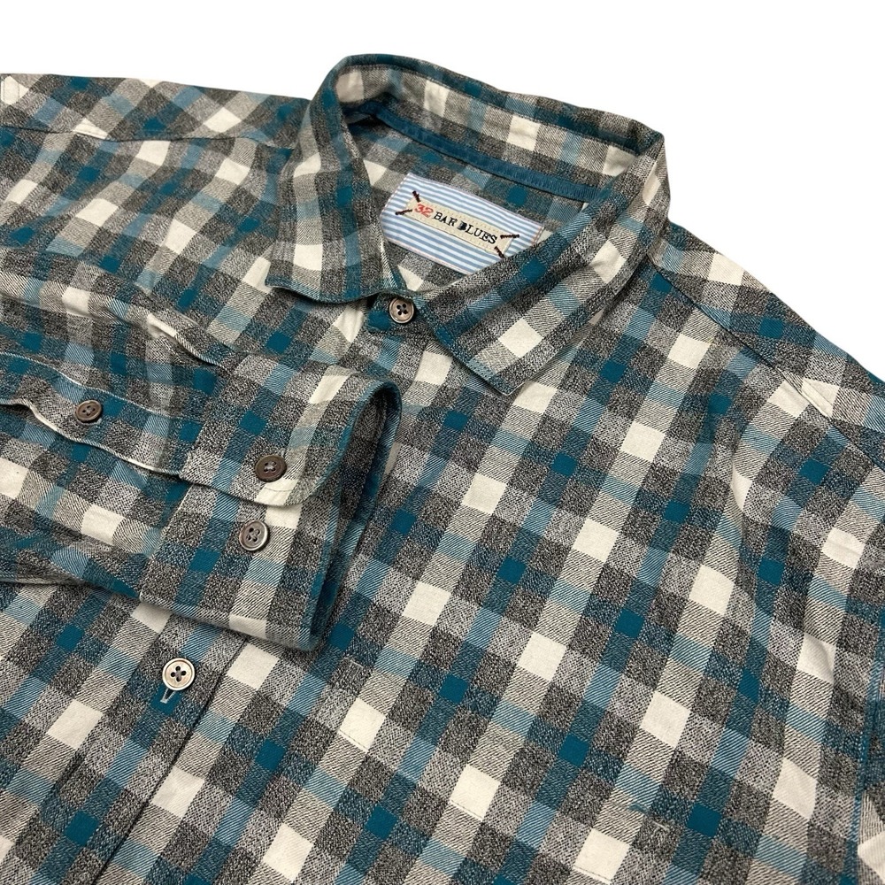 32 Bar Blues Button Up Shirt Mens Large Blue Gray Plaid Long Sleeve Cotton Y2K